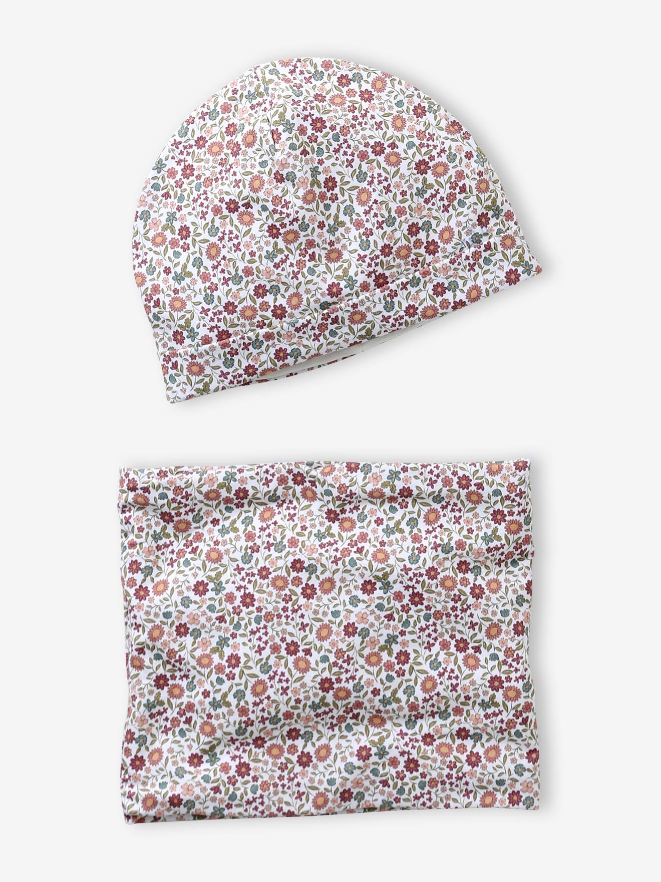Ensemble fleuri fille bonnet + snood bois de rose
