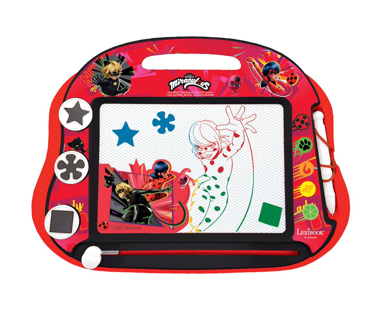 Ardoise Magique Miraculous Ladybug Chat Noir, Multicolore, Magnétique Avec Stylet, Tampons Rouge