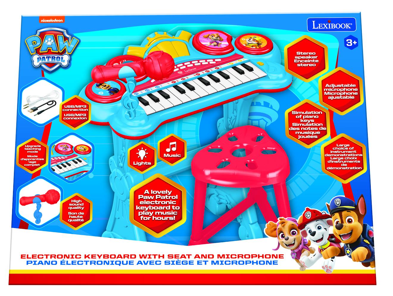 Clavier Électronique Pat’patrouille Avec Siège Et Micro, Lecteur Mp3 Bleu