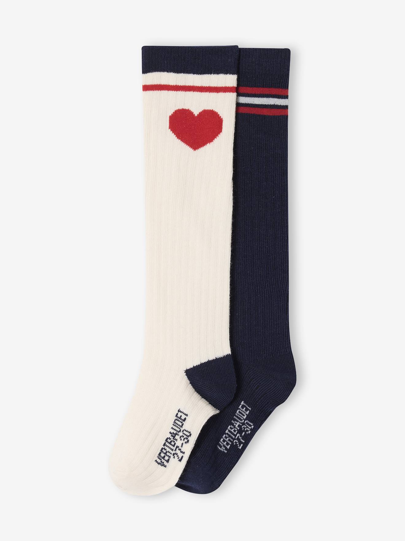 Lot de 2 paires de chaussettes hautes fille écru + marine