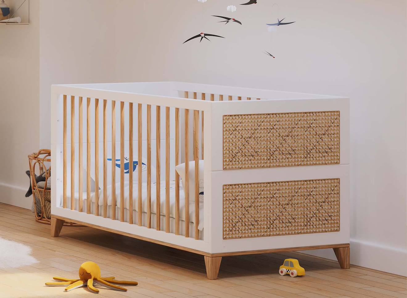 Lit Bébé Évolutif Cannage Rotin Nami Blanc