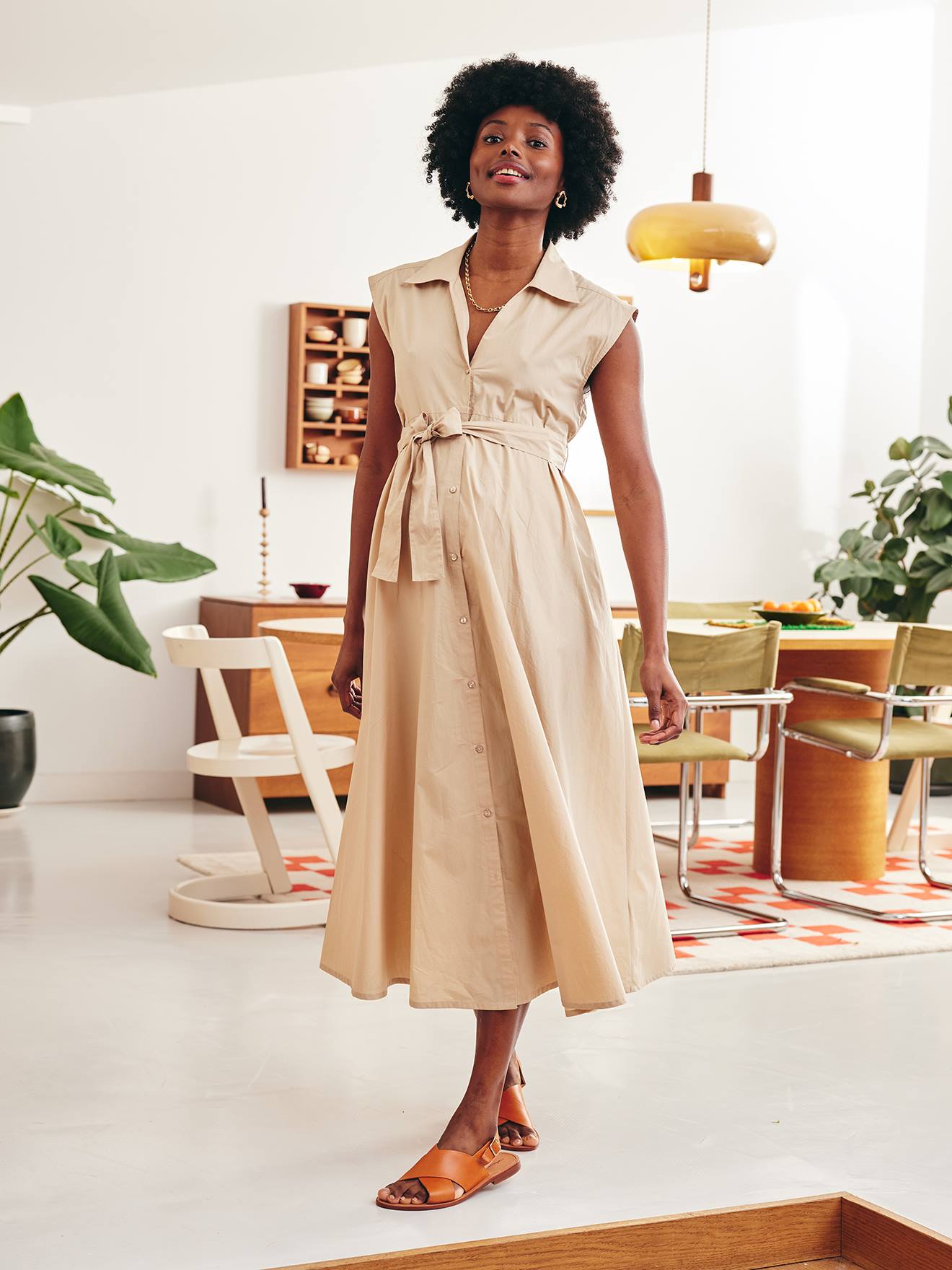 Robe longue popeline de coton grossesse et allaitement sable