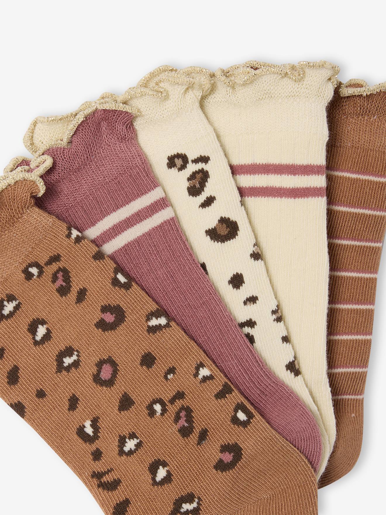 Lot De 5 Paires De Chaussettes Fille Motif Léopard - 65% Coton, Finition Festonnée Irisée, Taille Unique (Vertbaudet)