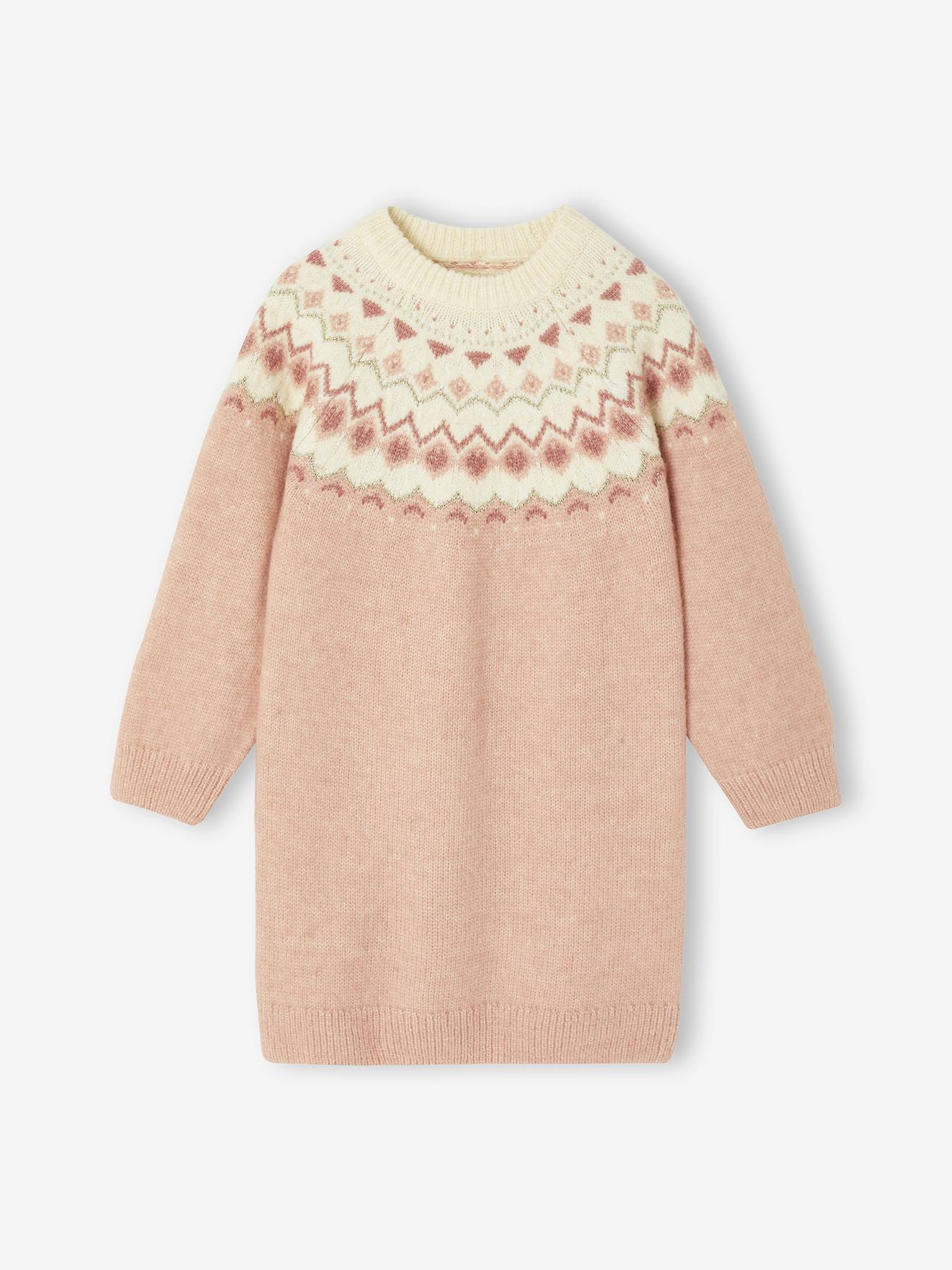 Robe jacquard en tricot fille rose poudré