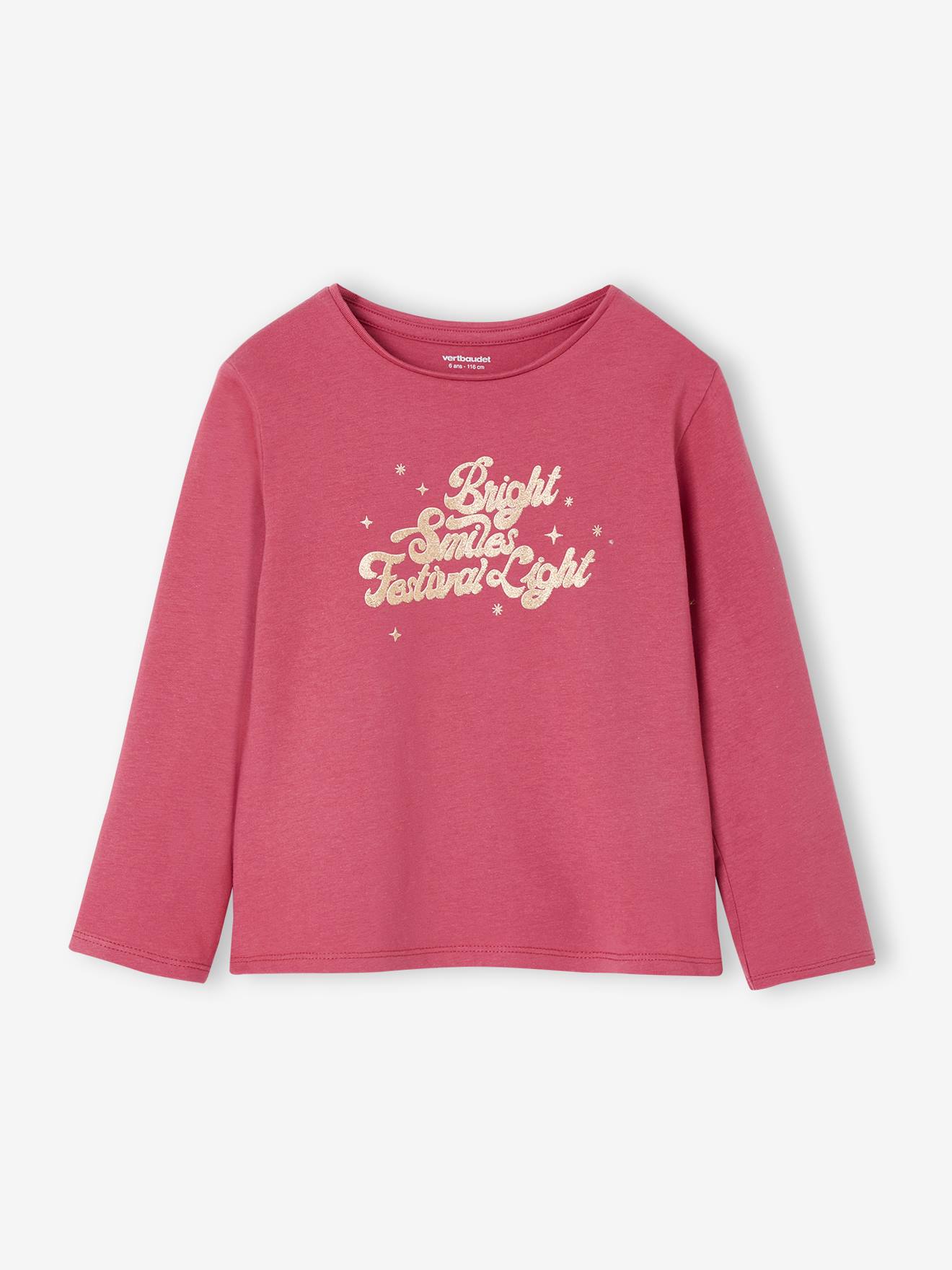 T-shirt fille imprimé manches longues framboise