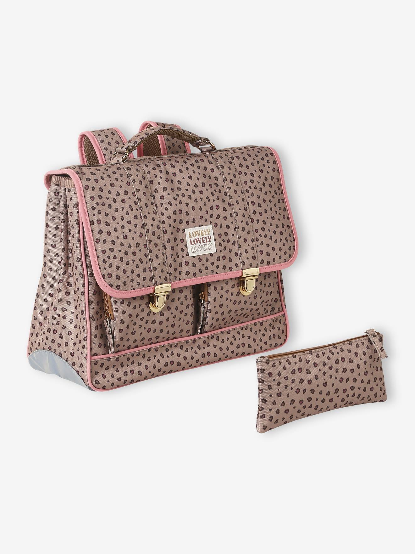 Cartable personnalisable + trousse imprimé léopard fille beige
