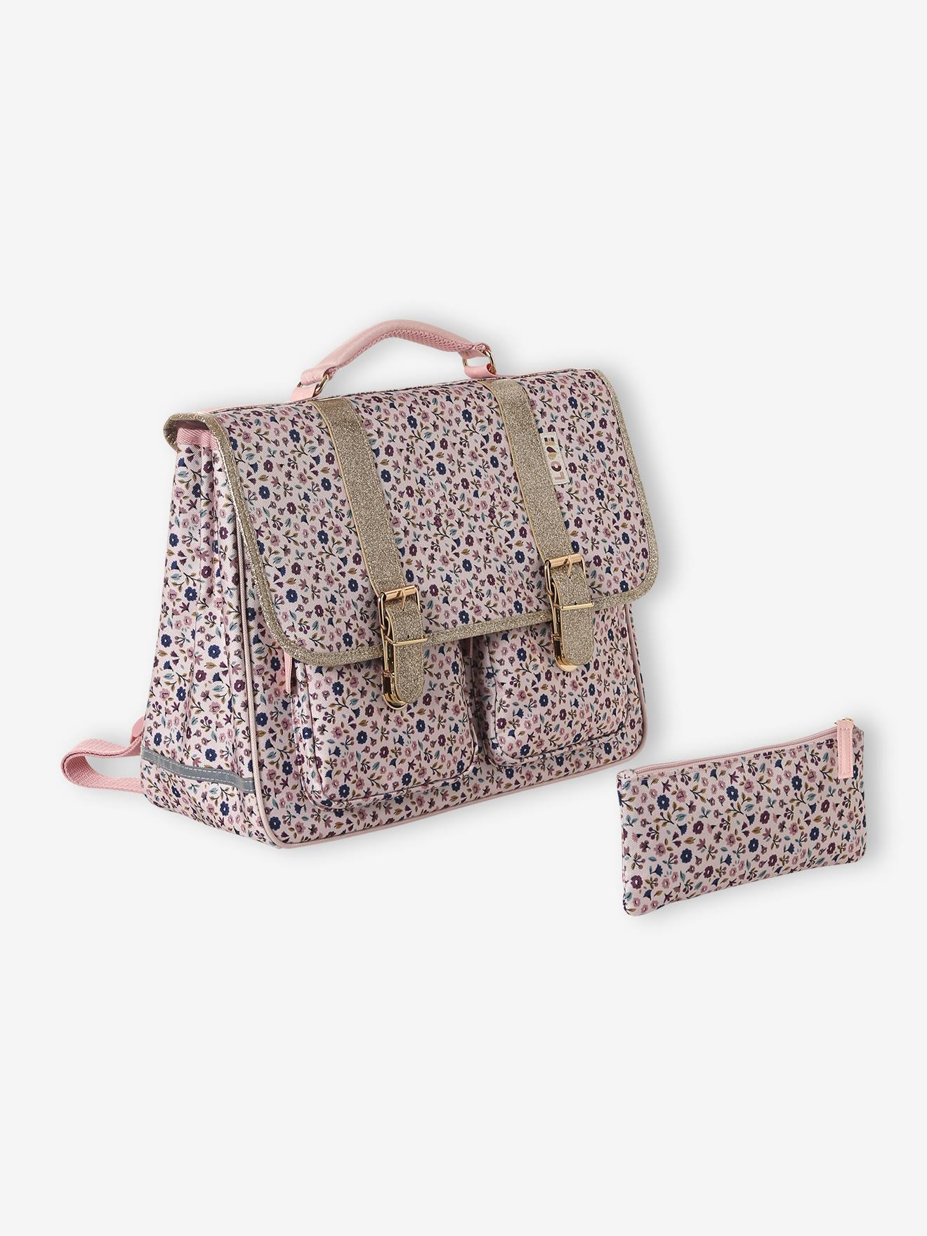 Cartable LILIBETH personnalisable + trousse imprimé fleuri fille rose