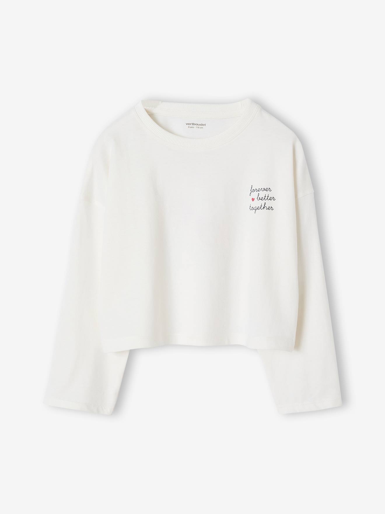 Tee-shirt crop top fille manches longues écru