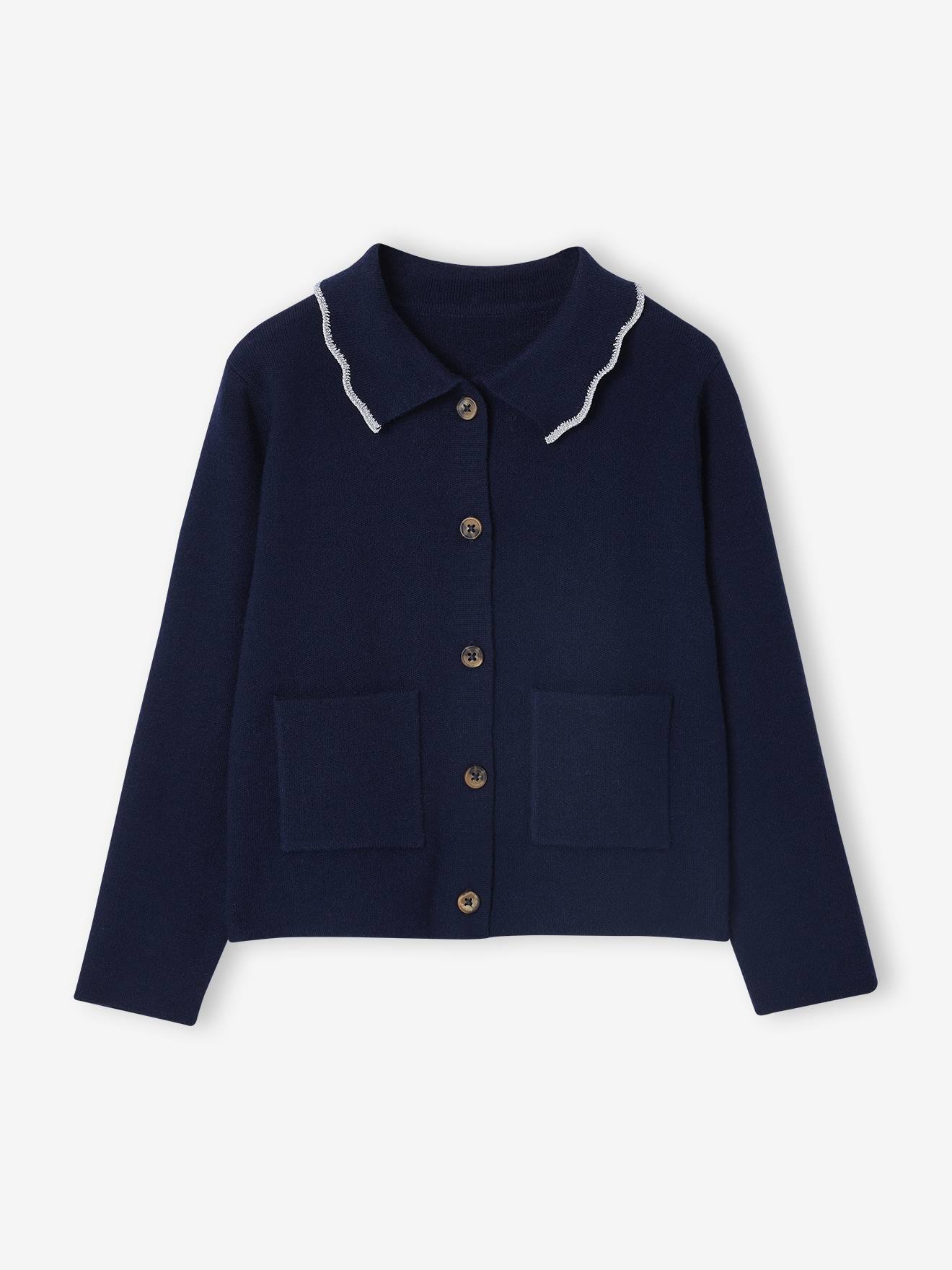 Gilet fille col fantaisie marine