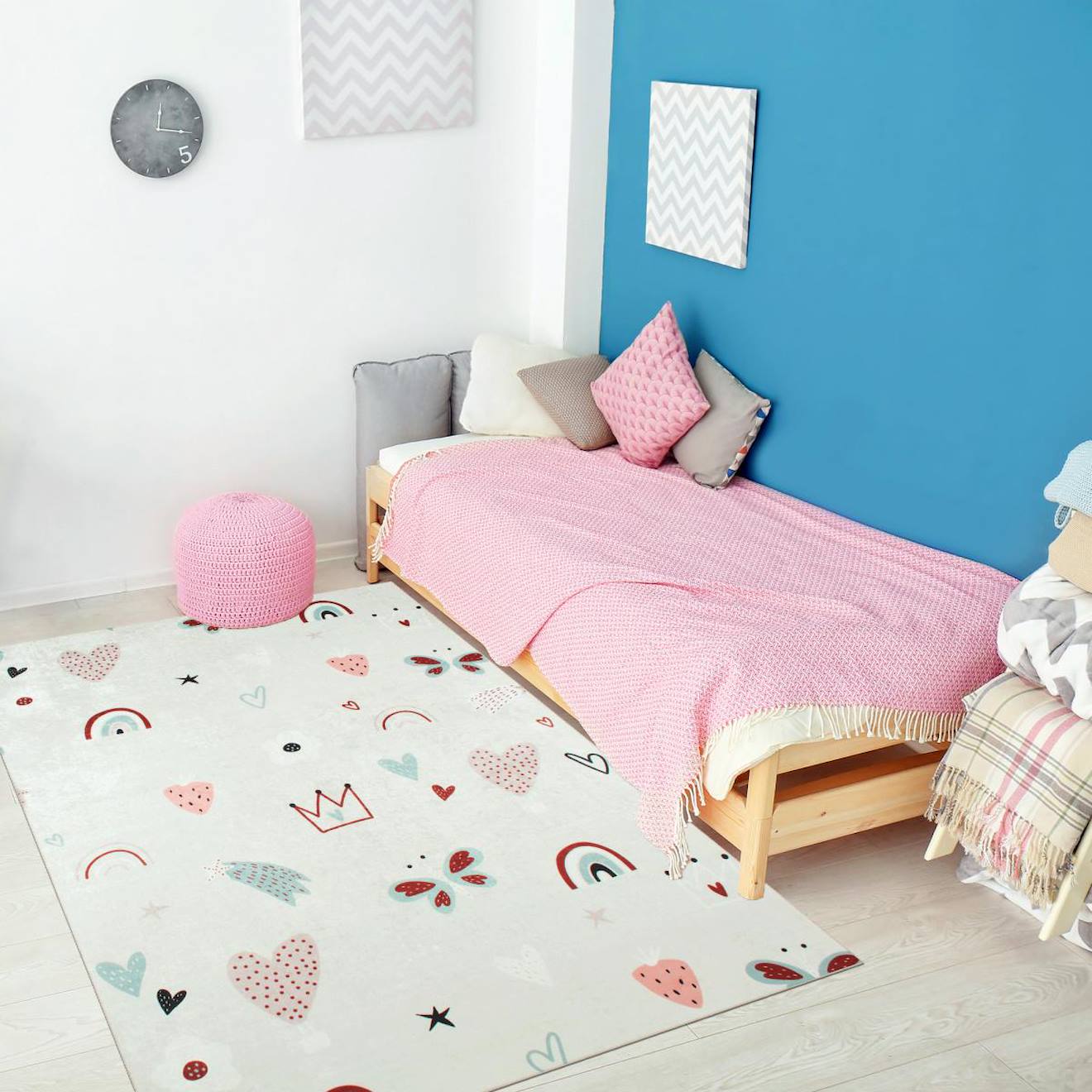 Tapis Enfant Tissé Heureux Rose