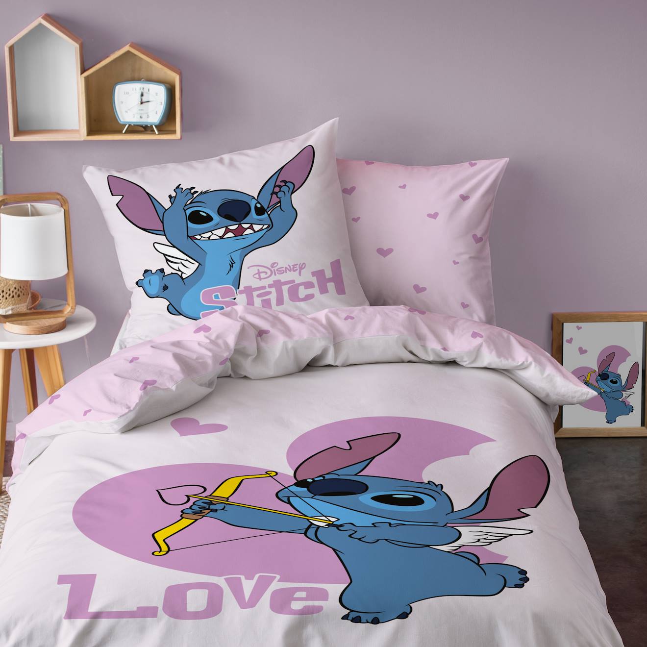 Parure De Lit Imprimée 100% Coton, Disney Home Stitch Cupidon Rose