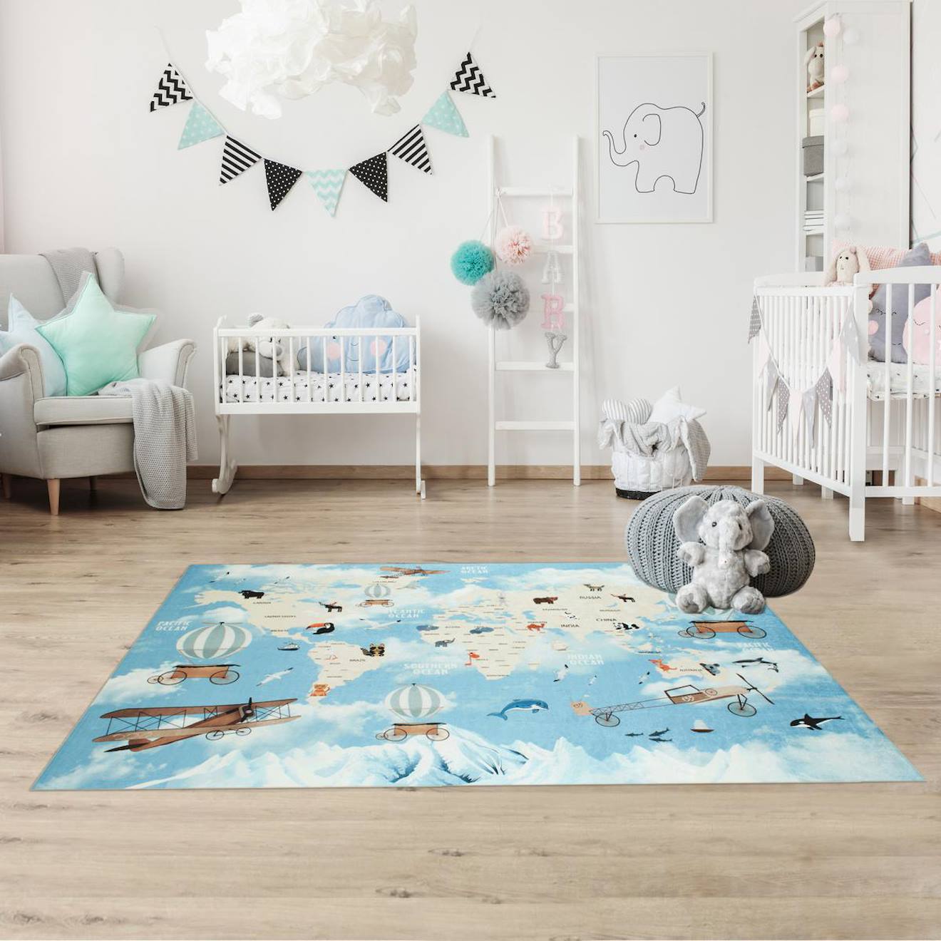Tapis Enfant Tissé Motif Fresque Le Monde Bleu