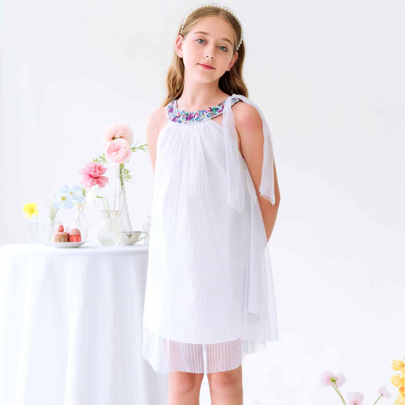 Robe Demoiselle D'honneur Col Fleuri Alizee Blanc Violet Fleuri