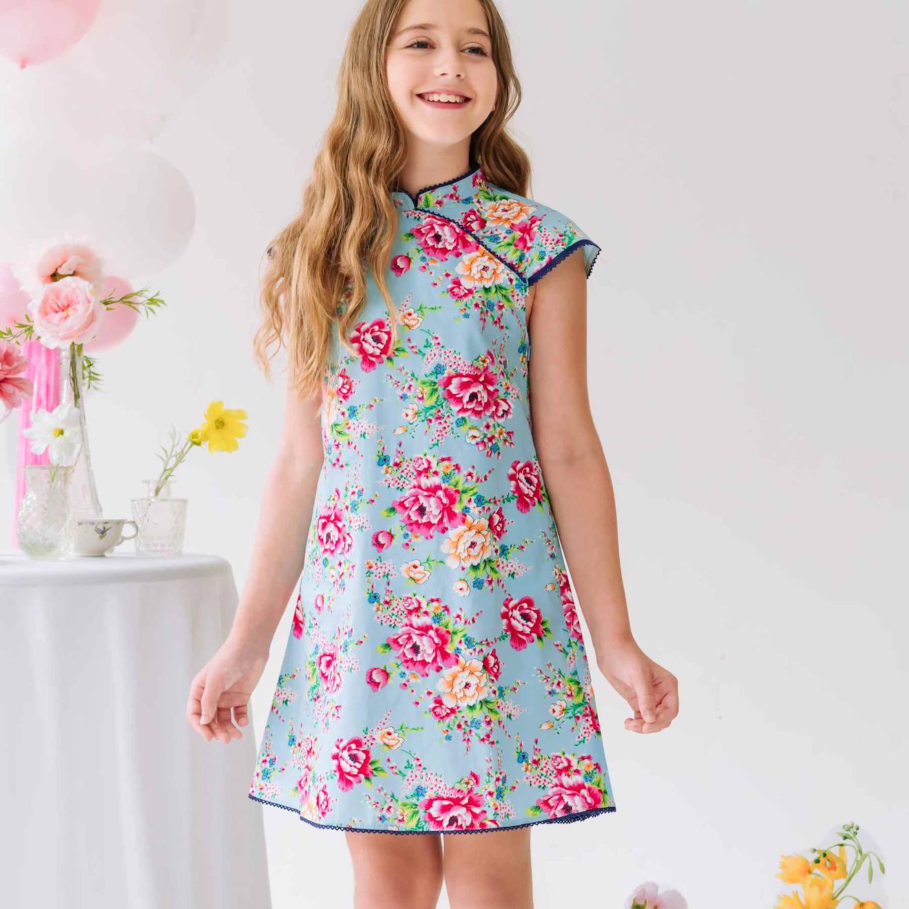 Robe Chinoise Fleurie Col Mao Annam Bleu Turquoise Fuchsia