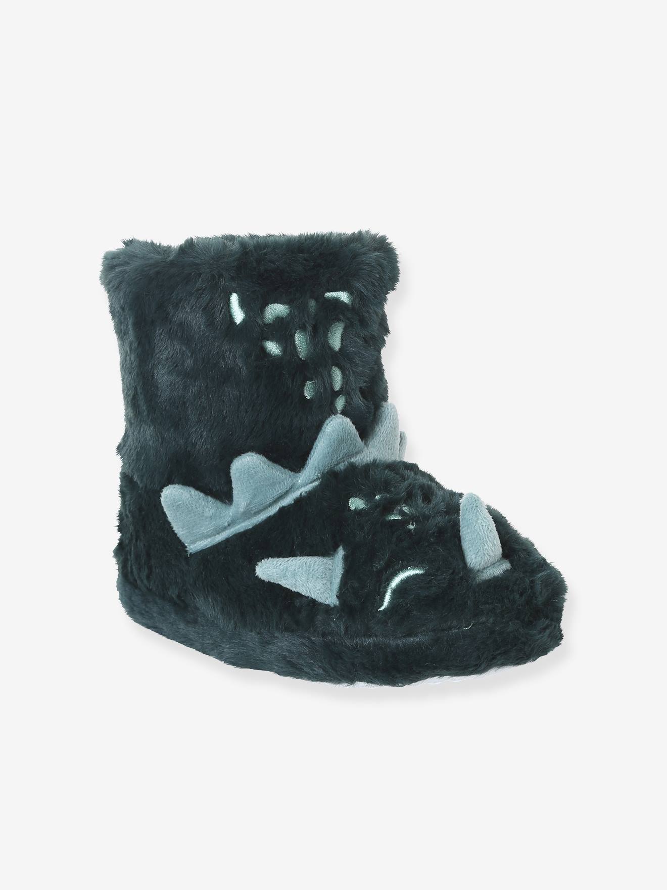 Chaussons montants fausse fourrure dinosaures enfant vert