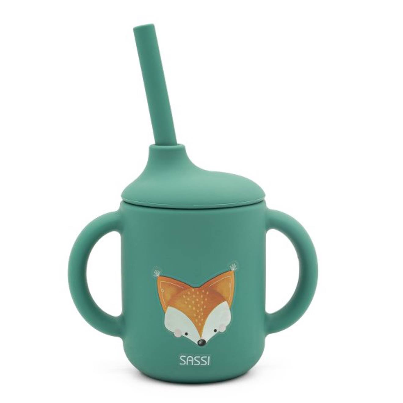 Gobelet En Silicone Avec Poignées Et Paille Animaux Vert Paon
