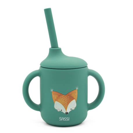Sassi - Gobelet En Silicone Avec Poignées Et Paille Animaux Vert Paon
