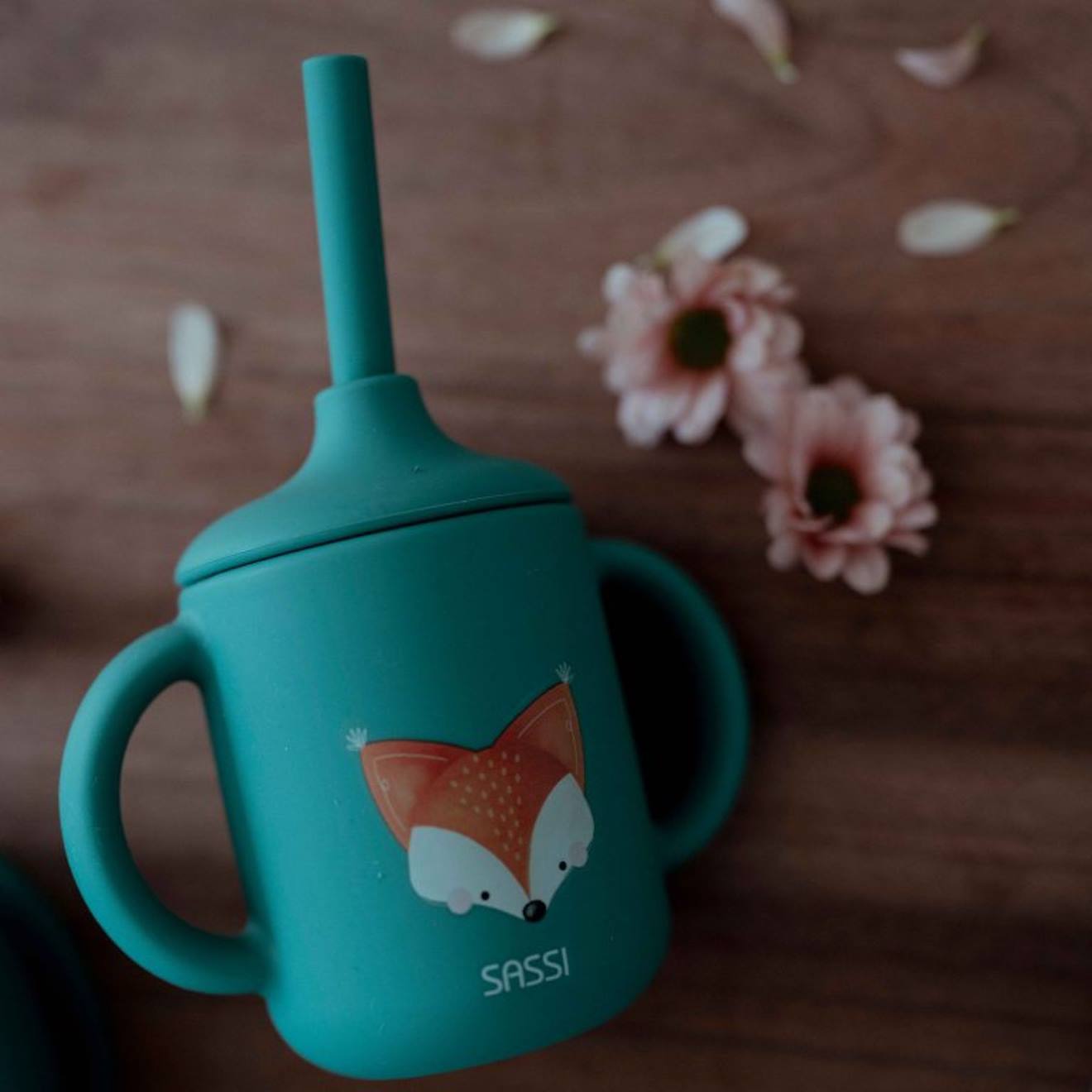 Gobelet En Silicone Avec Poignées Et Paille Animaux Vert Paon (Sassi) - Image 2