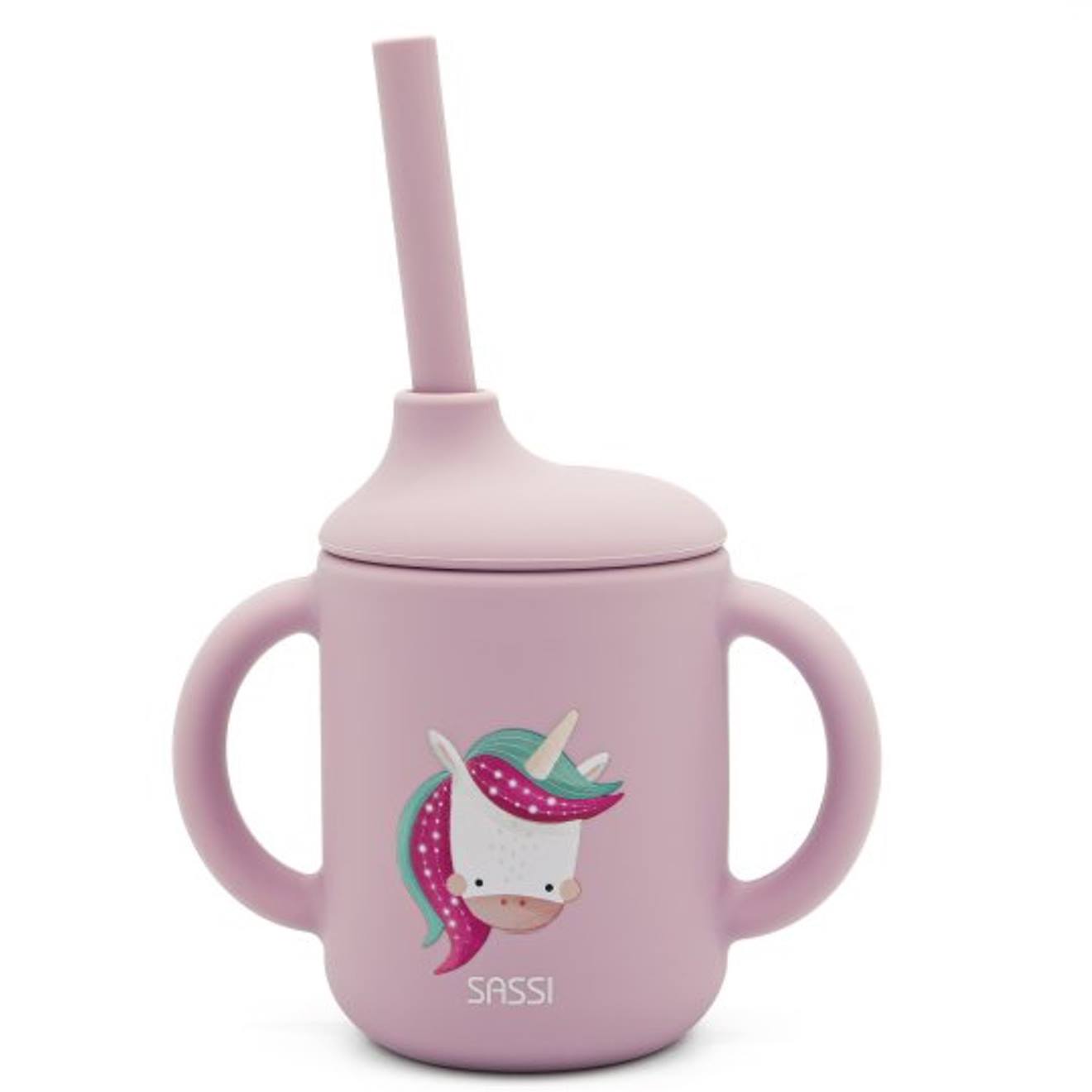 Gobelet En Silicone Avec Poignées Et Paille Animaux Rose