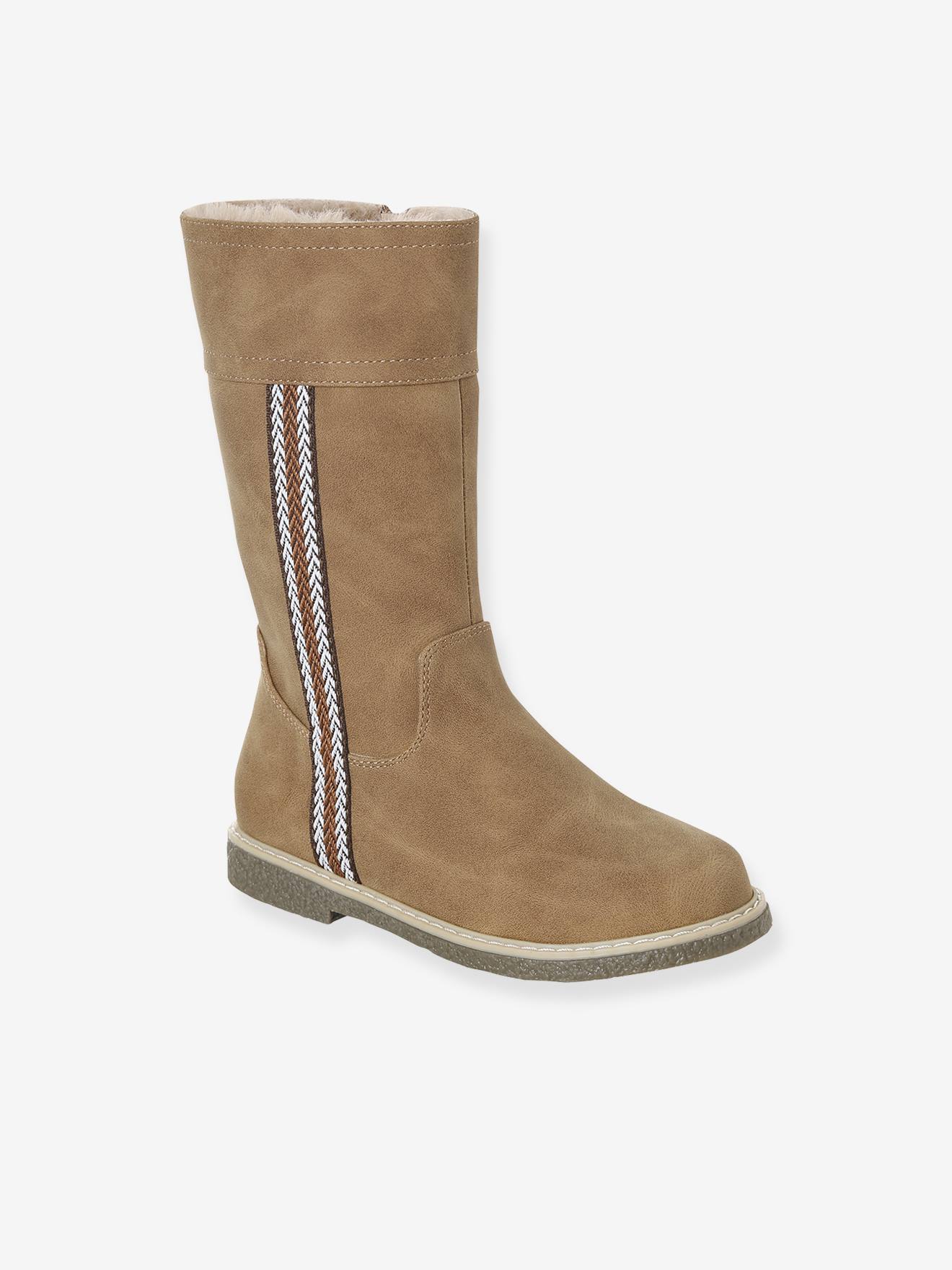 Bottes enfant fille synthétique fourrée zippées camel