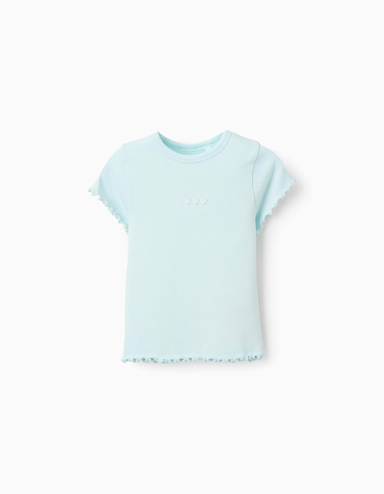 T-shirt Côtelée Avec Broderies De Fleurs Bleu Clair