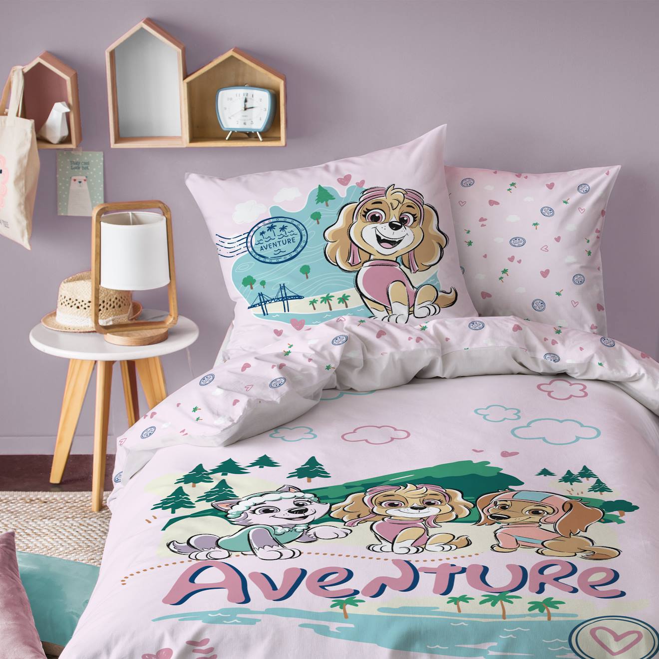 Parure De Lit Imprimée 100% Coton, Pat Patrouille Voyage Rose