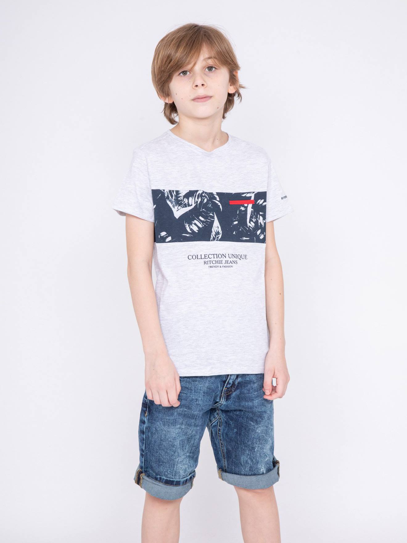 T-shirt Col Rond Motifs Nadimo Garçon Gris Clair