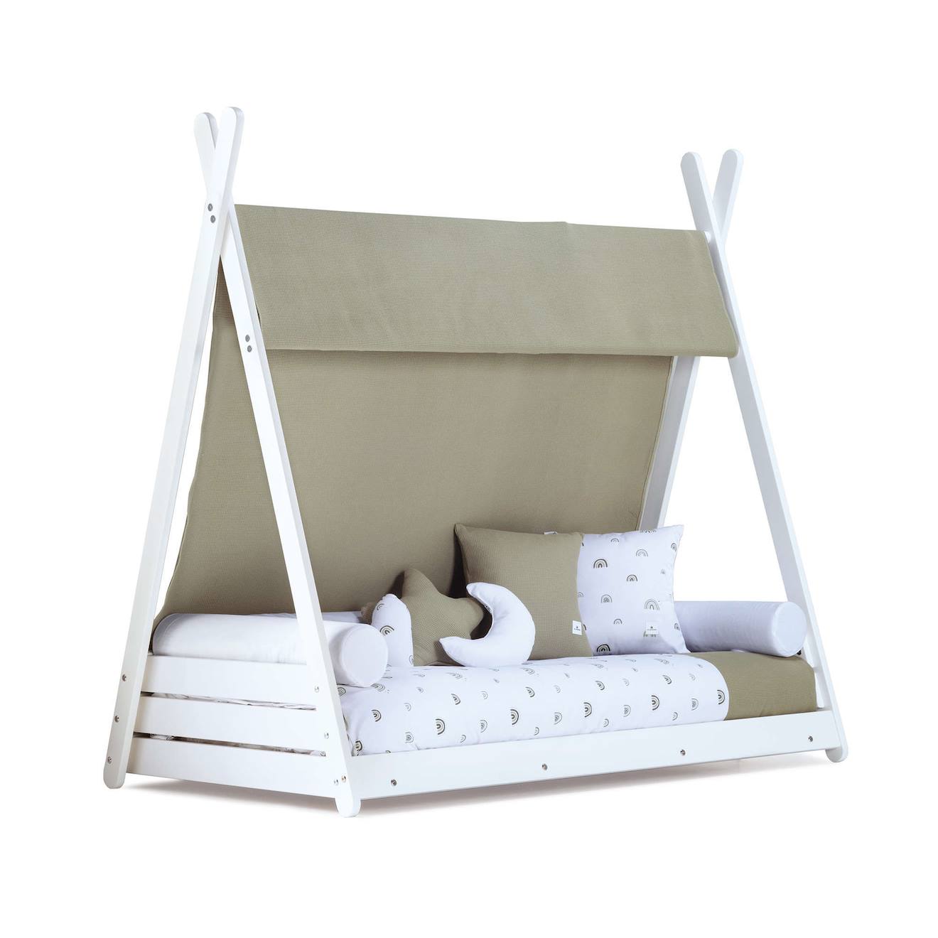 Lit Bébé Montessori En Blanc Avec Textile Vert Olive