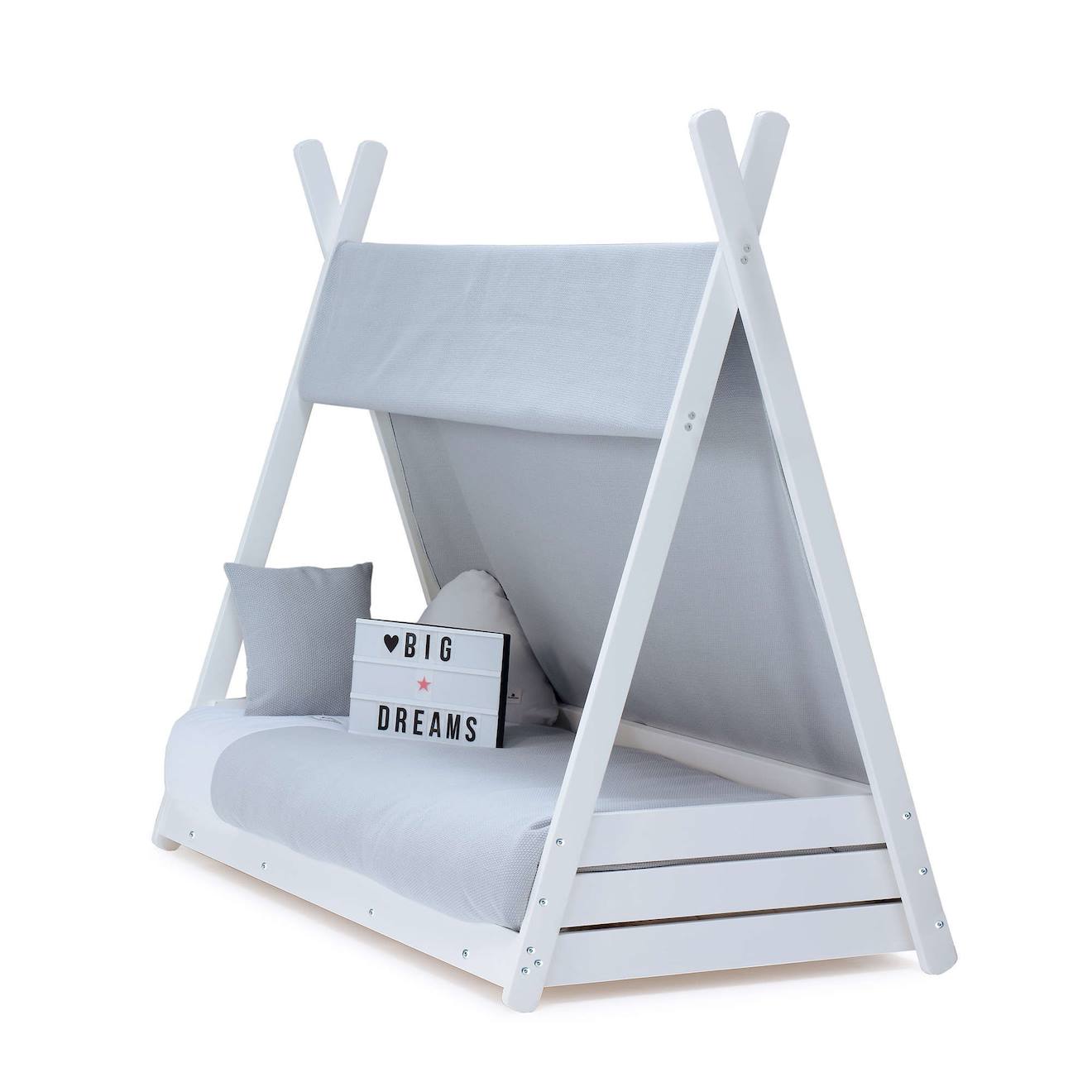Lit Bébé Montessori En Blanc Avec Textile Gris Carezza