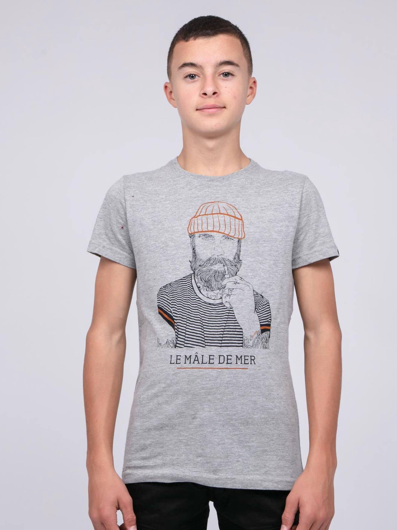 T-shirt Col Rond Pur Coton Japing Garçon Gris Chiné