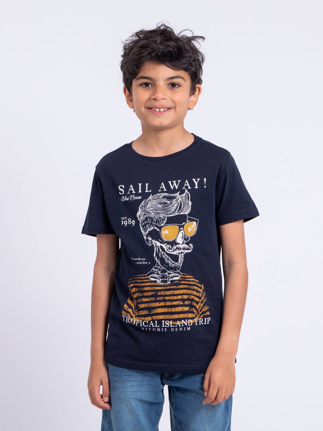 T-shirt Manches Courtes Col Rond Pur Coton Noumick Garçon Bleu Marine