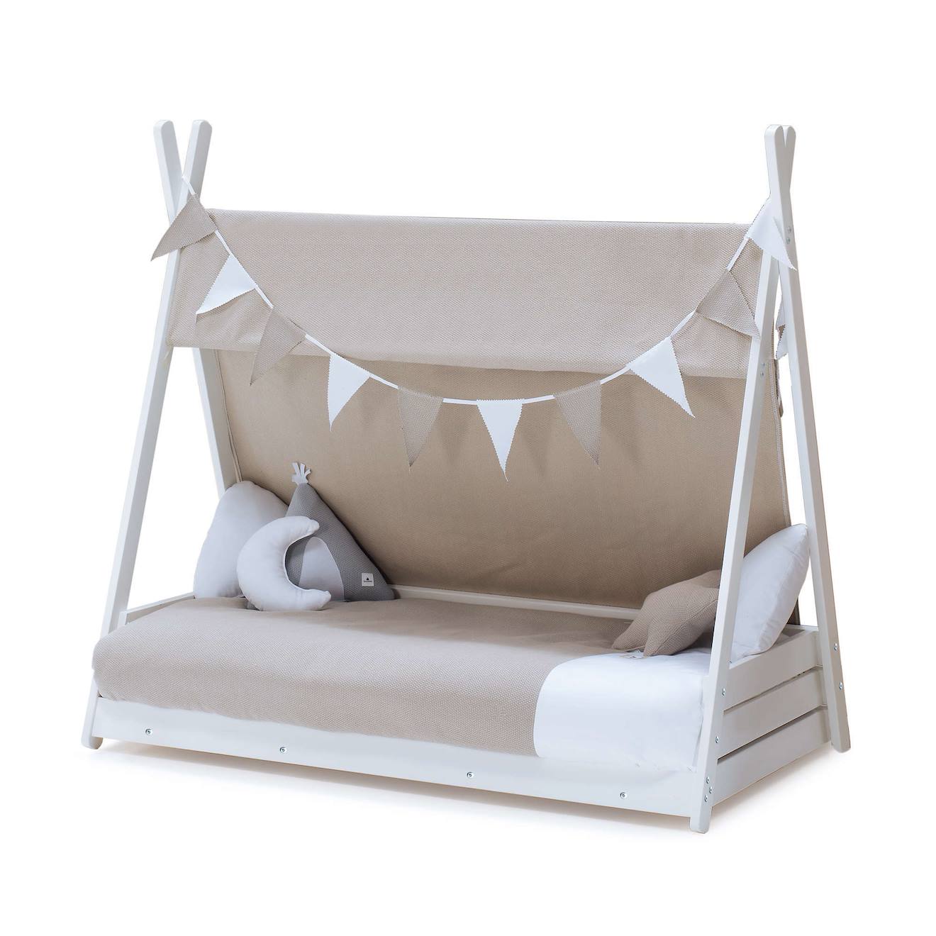 Lit Bébé Montessori En Blanc Avec Textile Brun