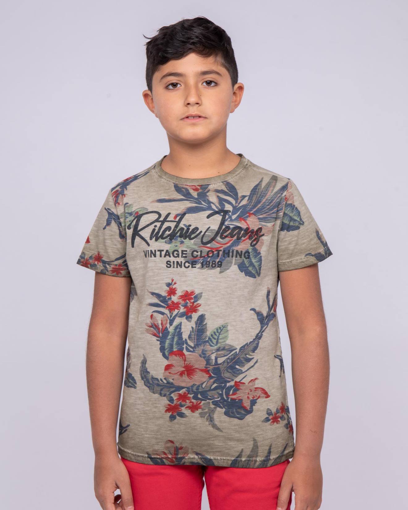 T-shirt Col Rond Pur Coton Motifs Nalko Garçon Kaki