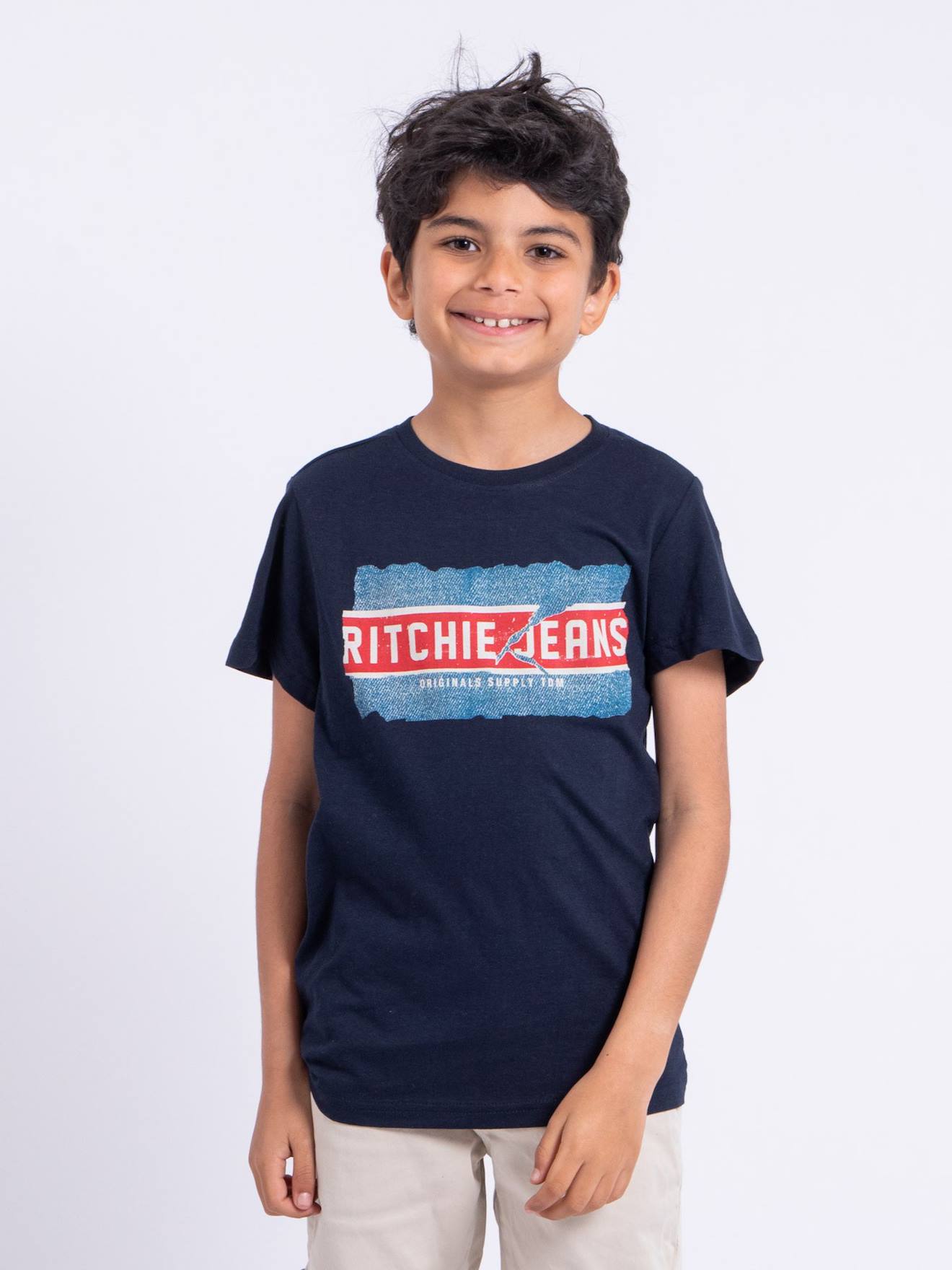 T-shirt Manches Courtes Col Rond Pur Coton Nipeter Garçon Bleu Marine