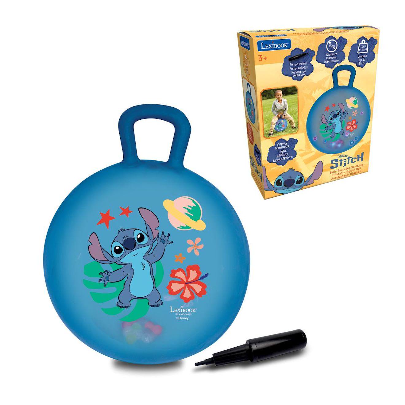 Balle Sauteuse Gonflable Electronique Stitch 45cm, Avec Billes Lumineuses Colorées Intégrées, Pompe Manuelle Incluse Bleu