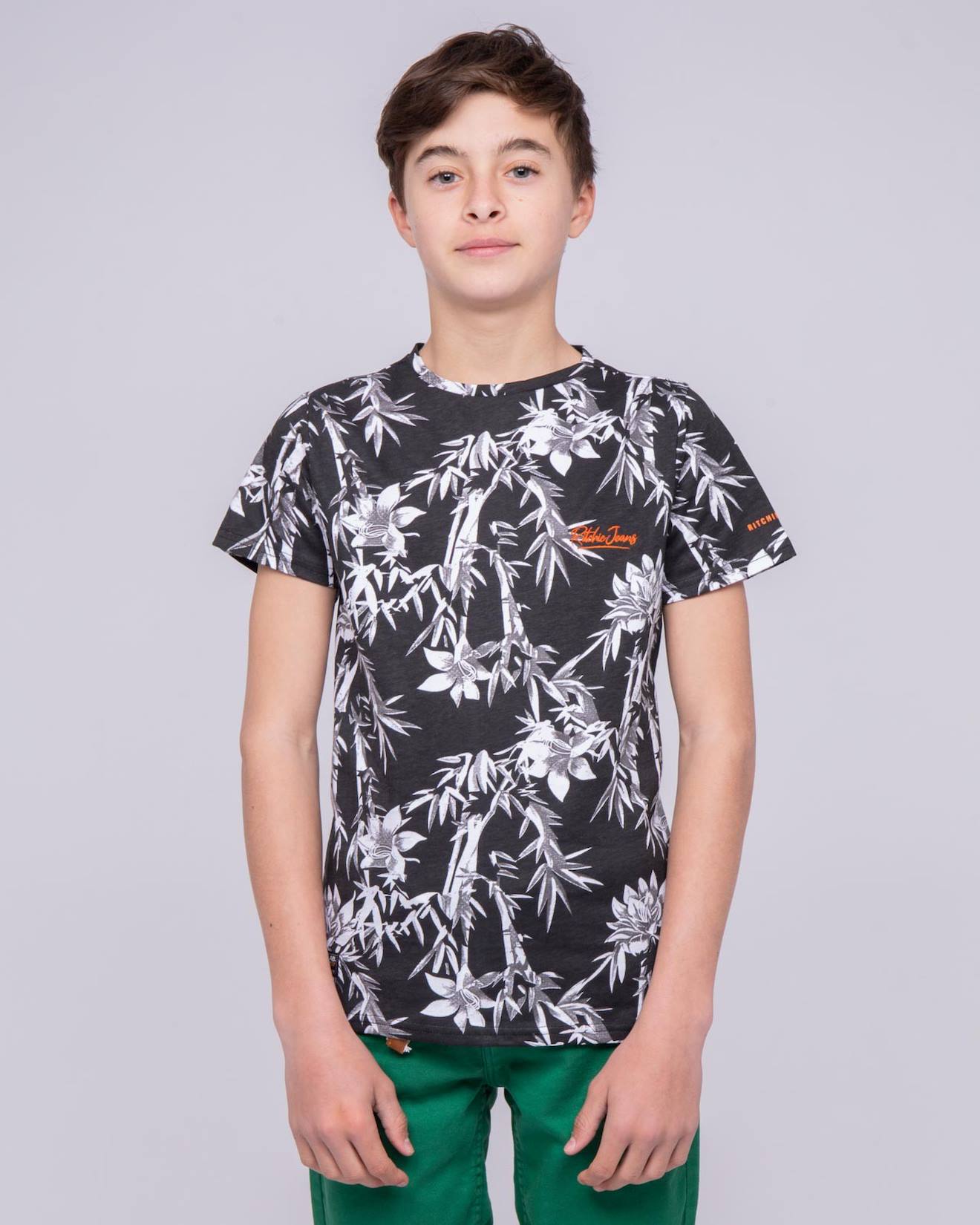 T-shirt Col Rond Pur Coton Motifs Naschool Garçon Noir