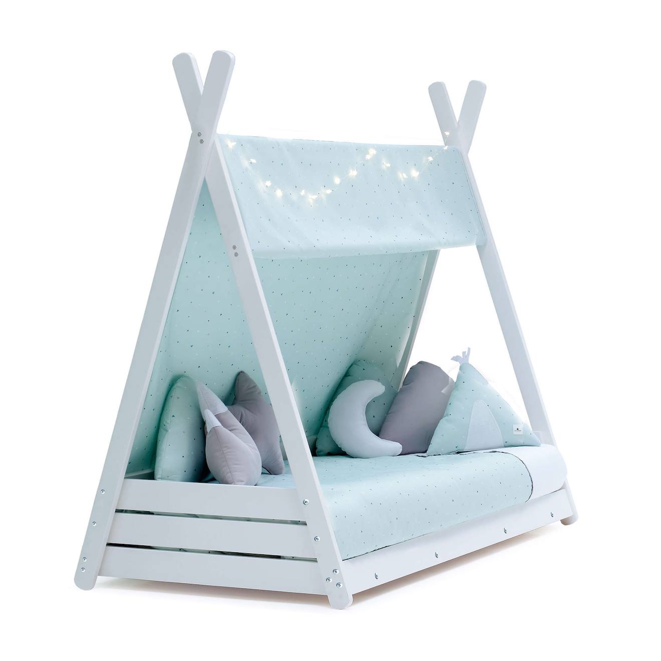 Lit Bébé Montessori En Blanc Avec Textile Vert-menthe