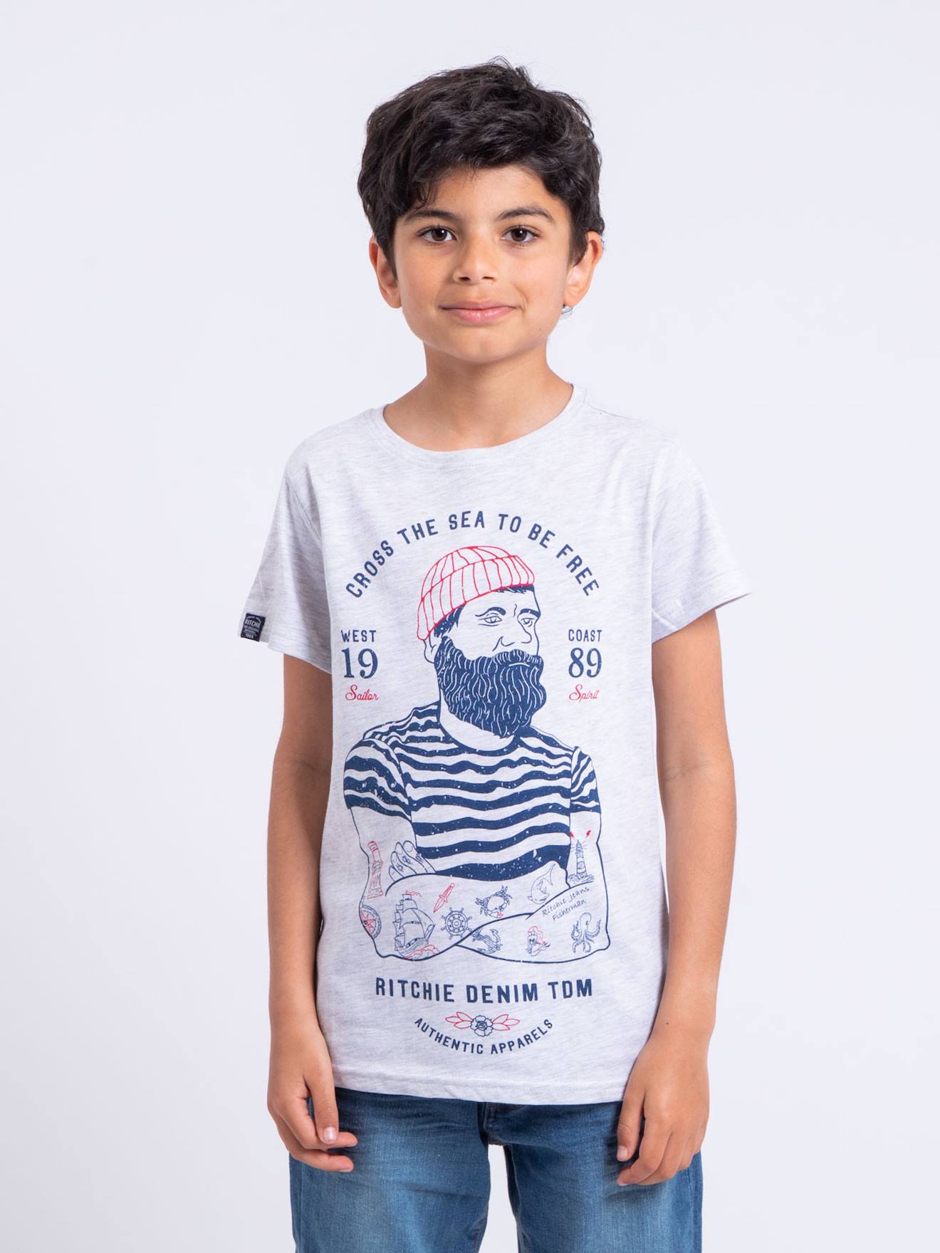 T-shirt Manches Courtes Col Rond Pur Coton Nuplaton Garçon Bleu Marine