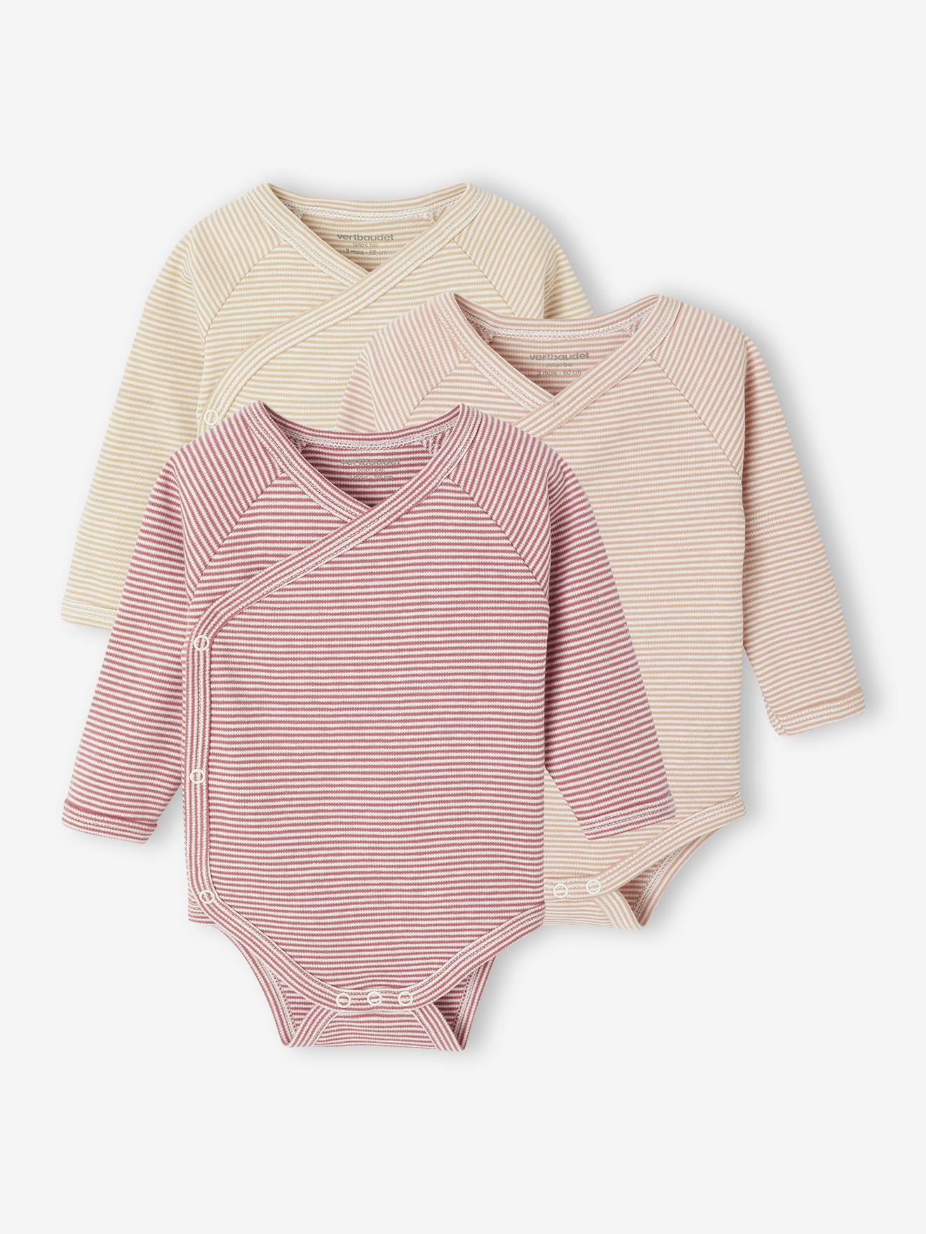 Lot de 3 bodies rayés ouverture naissance rose