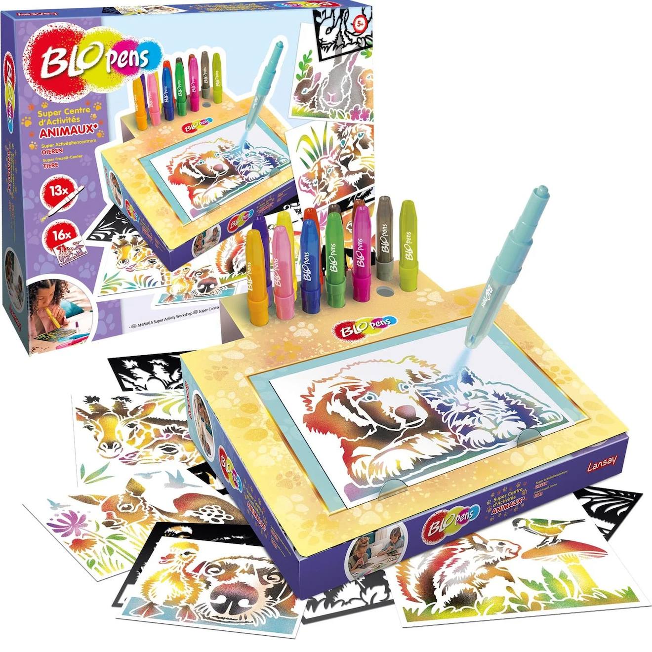 Super Centre D'activités Des Animaux Blopens, 16 Pochoirs À Effet Aérographe, Boîte Transformable En Pupitre Multicolore