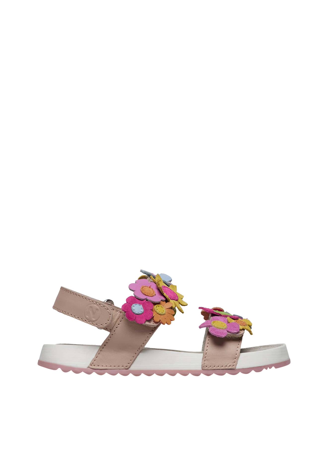 Sandales En Cuir Avec Fleurs Appliquées Numees. Rose Poudré
