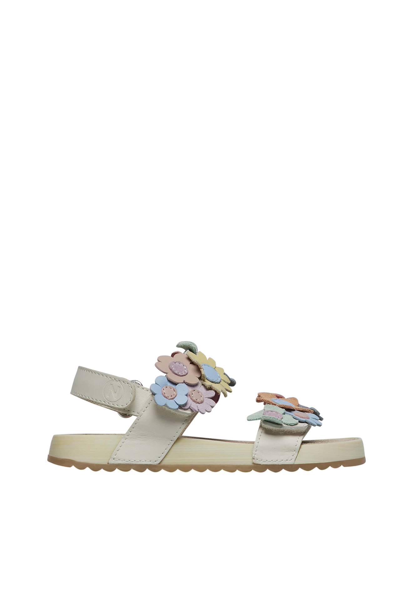 Sandales En Cuir Avec Fleurs Appliquées Numees. Blanc Crème