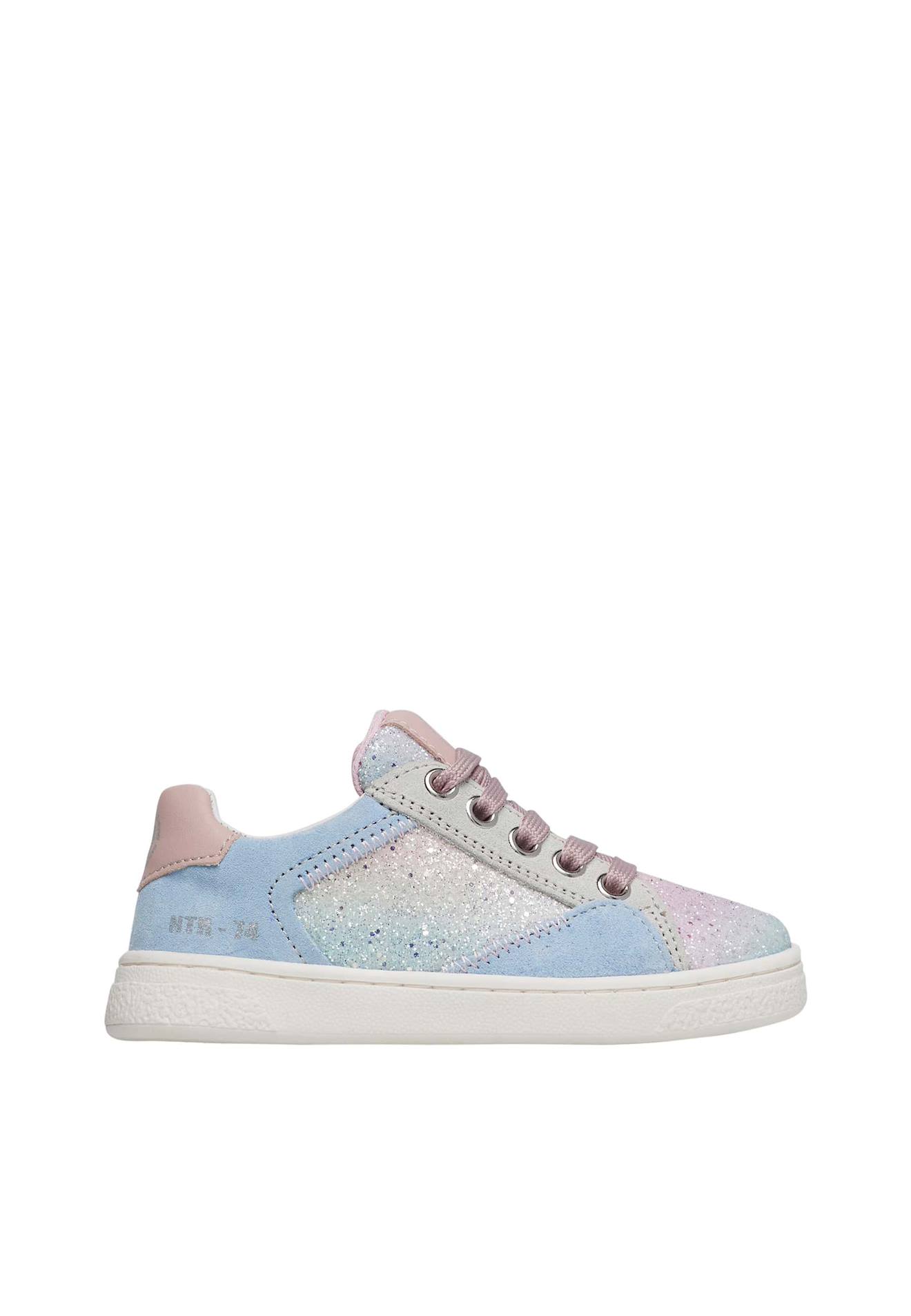 Baskets En Suède Et Cuir Avec Paillettes Quar Zip. Rose-bleu Ciel