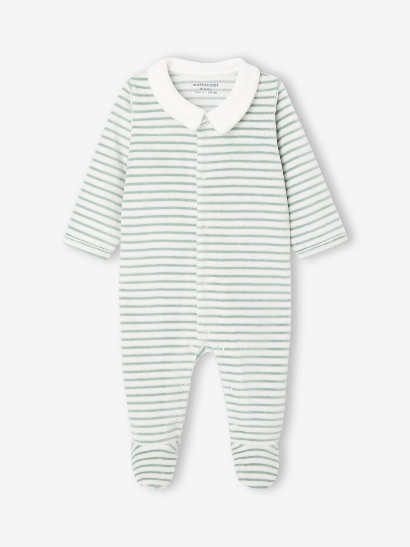 Pyjama bébé garçon en velours rayé personnalisable écru
