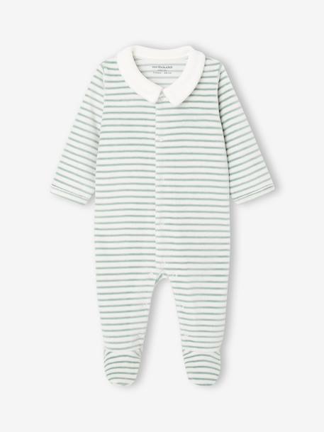 Vertbaudet - Pyjama bébé garçon en velours rayé personnalisable écru