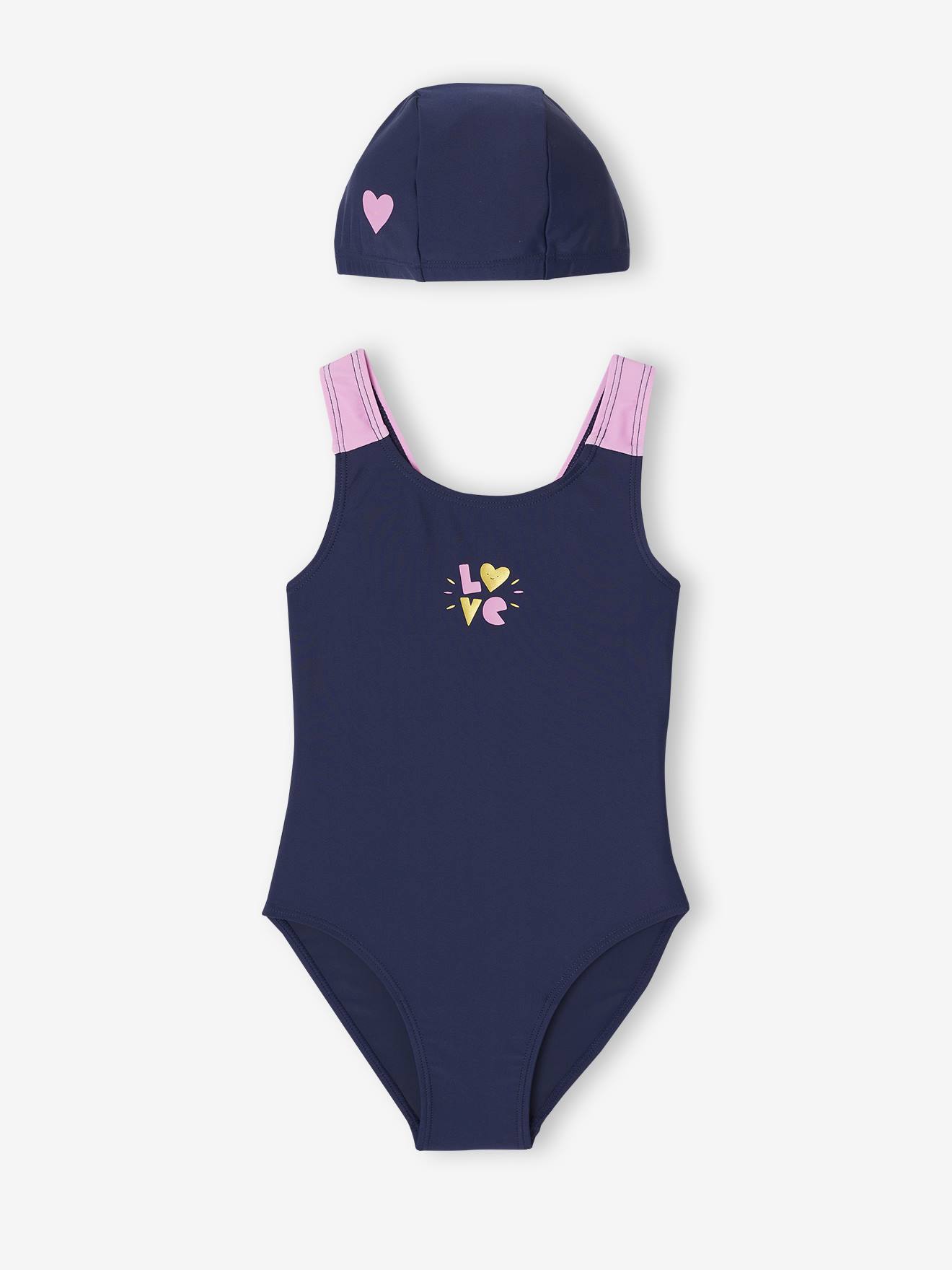 Ensemble de bain maillot 1 pièce + bonnet fille indigo