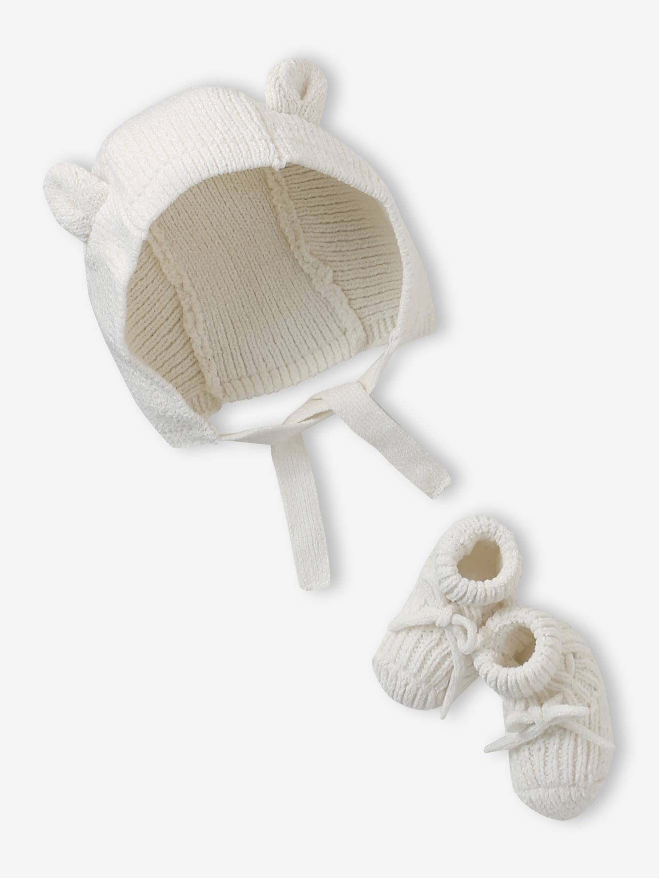Ensemble bonnet et chaussons bébé naissance écru