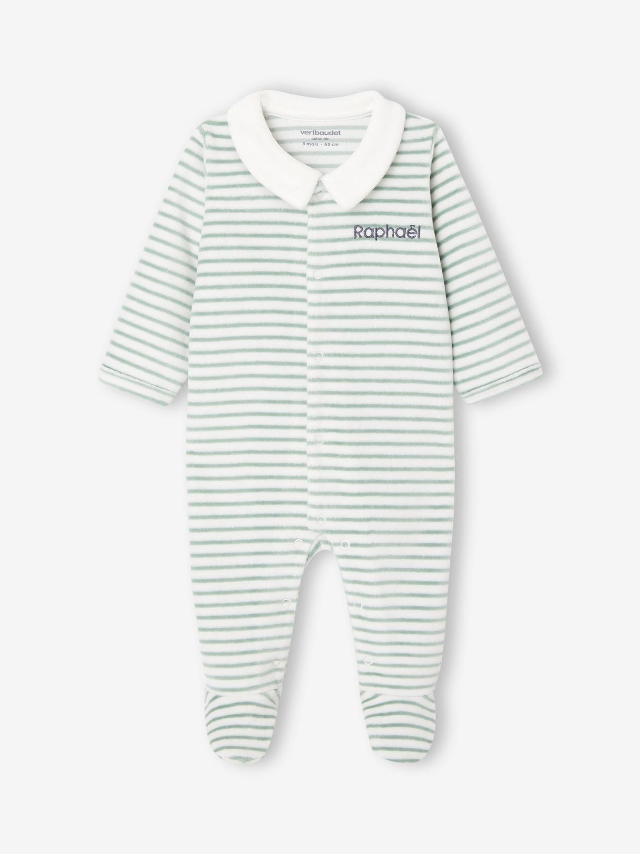 Pyjama bébé garçon en velours rayé personnalisable écru (Vertbaudet) - Image 1