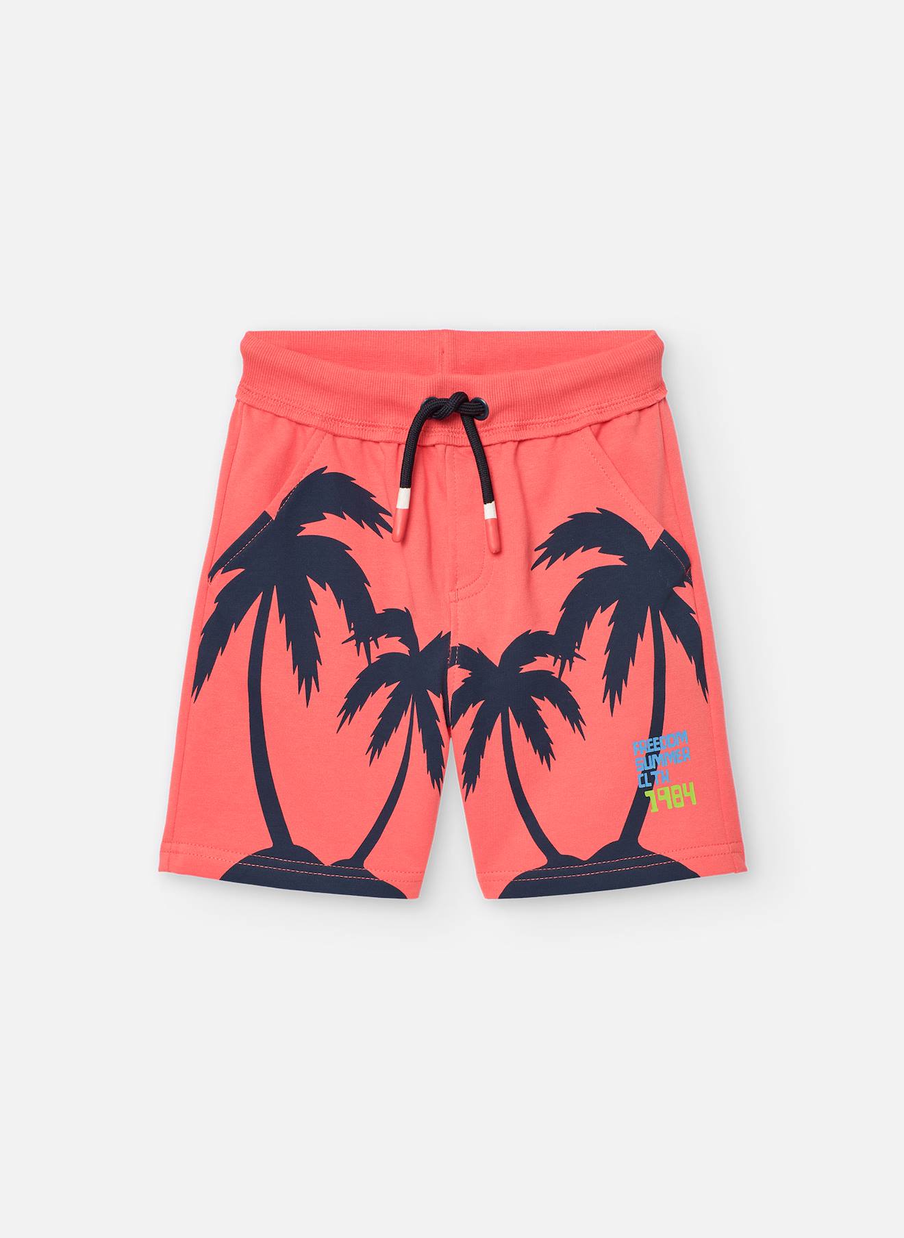 Bermuda En Coton Avec Palmiers Sur Le Devant Rouge