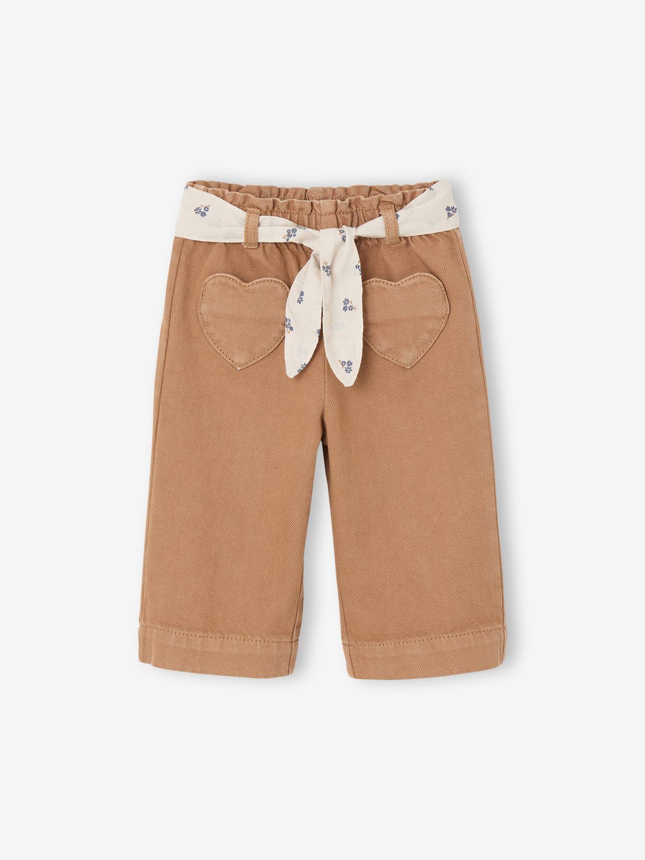 Pantalon bébé fille large ceinture à nouer caramel